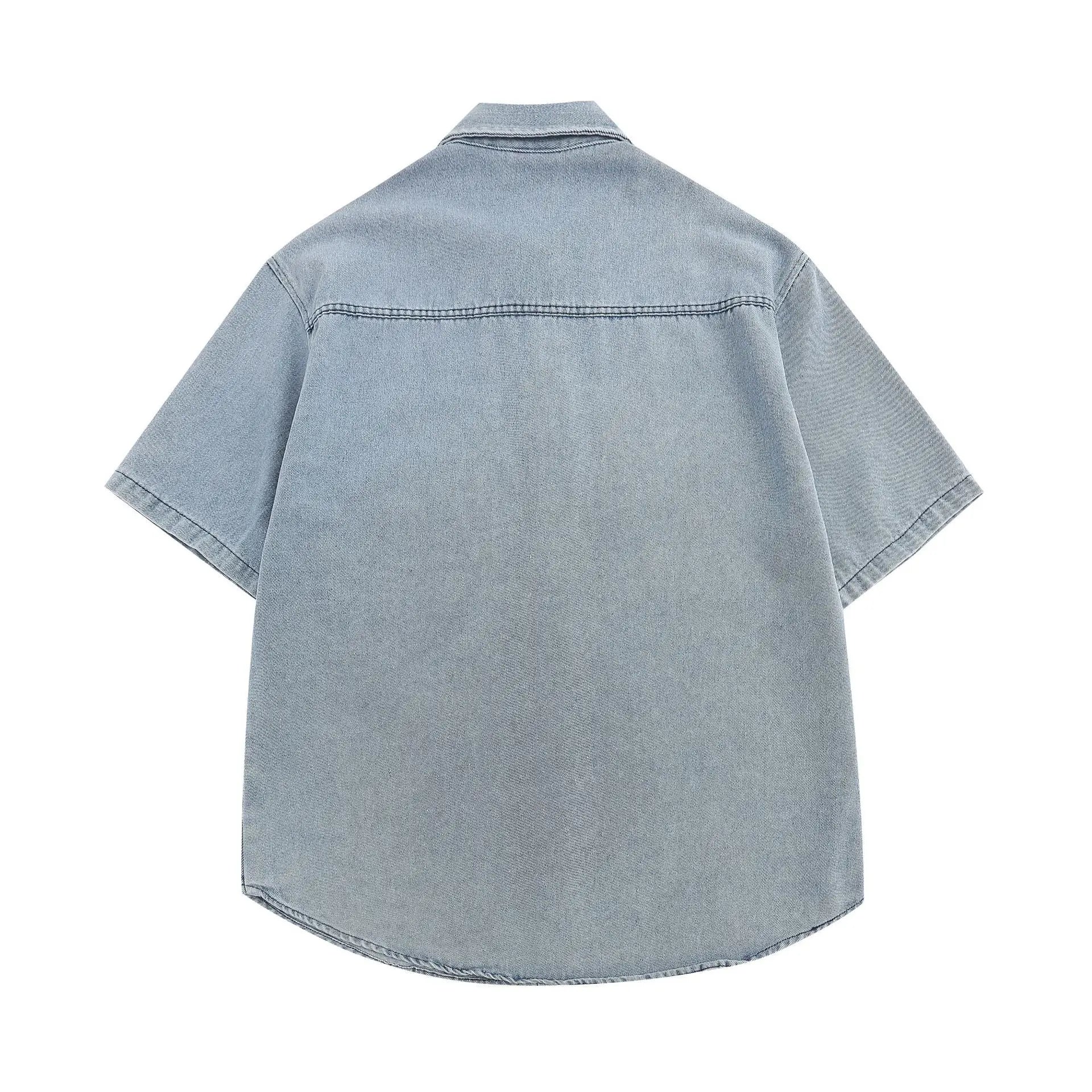 Threebooy  Japanese Retro Denim Shirts for Men Short Sleeve Button Down Shirt Jacket Oversize Summer Men's and Women's Embroidery Top