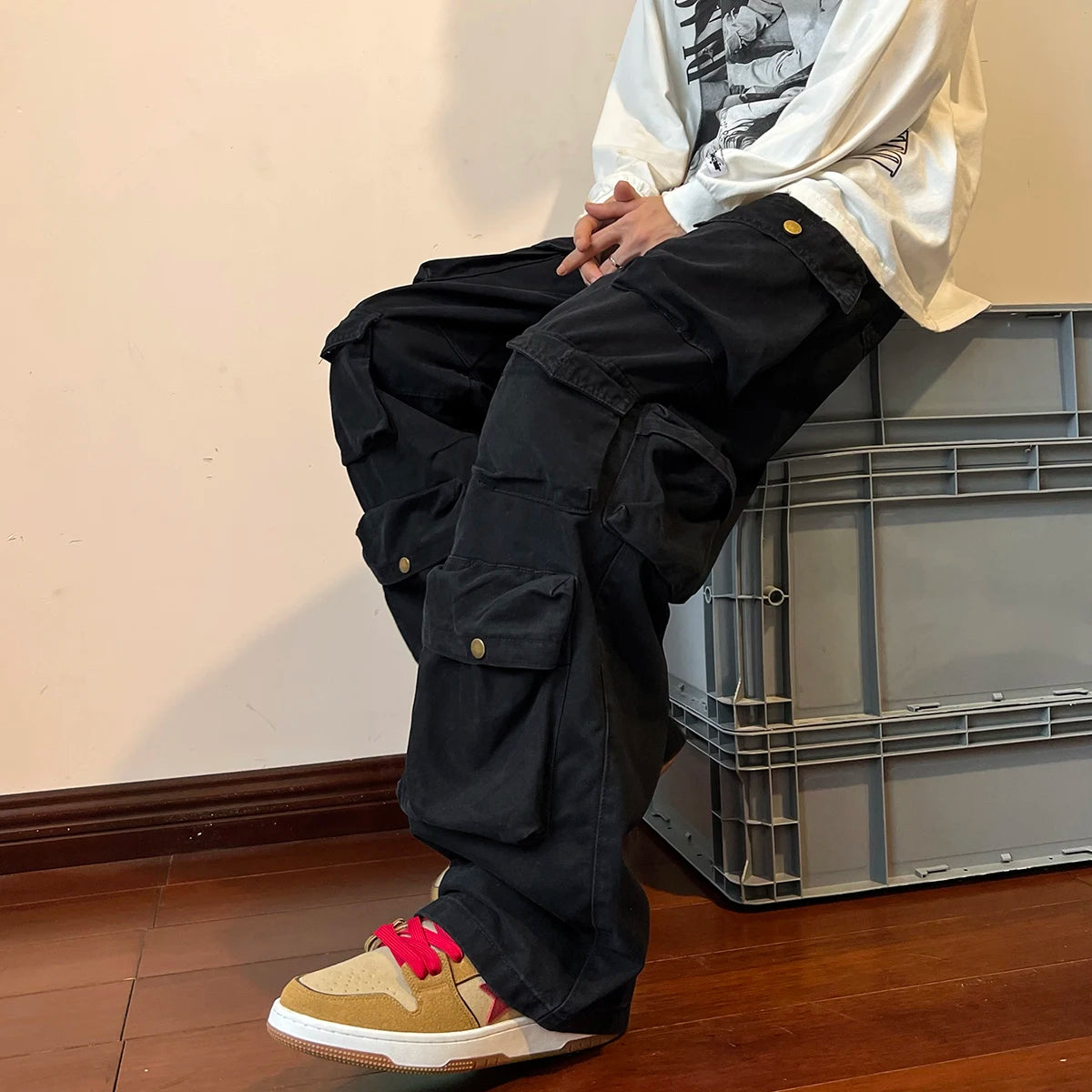 Threebooy  Cargo Pants Multi-pockets Tooling Pant Harajuku Men's Vintage Loose Wide Leg Pants Streetwear Casual Hip-hop Mopping Trousers