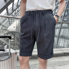 Threebooy 6 Colors Loose Shorts Summer Straight Wide Leg Casual Pants Solid Color Simple Fashion Business 5-points Pleated Suit Pants Men