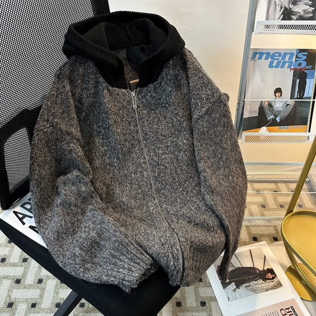 Threebooy  American Trendy Hooded Cardigan Men Korean Style Fashion Zipper Casual Loose Hooded Knitted Sweater Autumn Winter Jacket Chic