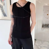 Threebooy Personality Shoulder Straps Design Tight Tank Top Mens Fashion Sexy Black White Slim Fit Sleeveless T Shirt