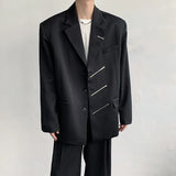 Threebooy Oversized Black Blazer Men High-end Fashion Leisure Suit Jackets Multi-zippers Male Streetwear Casual Korean All-match Suit