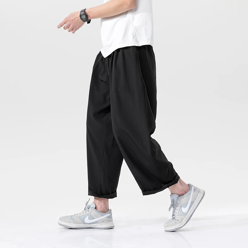 Threebooy Men's Summer Thin Casual Pants Japanese Loose Ice Silk Wide Leg Pants Quick-drying Sports Pants Black Gray 3XL 4XL 5XL