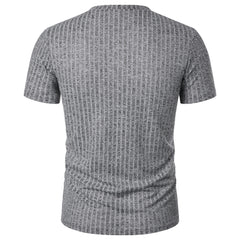 Threebooy  Men's running sports fitness wear summer high stretch vertical strip short sleeve V-neck slim knit base shirt