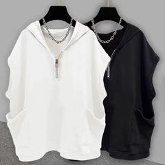 Threebooy Mens Casual Pocket Hooded Vest Genderless 2024 Summer New Fashion Versatile Zipper Solid Color Loose Sleeveless T-Shirt Unisex