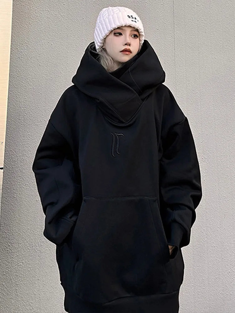 Threebooy Korean Street Style Solid Color High Collar Oversized Hoodie Men Fashion Loose Casual Hooded Top Harajuku New Sweatshirt Hoodie