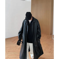 Threebooy 2025 Spring Pu Leather Jacket Men's Mid-length American Retro Long Jacket Lapel Button Coat Trendy Cityboy Windbreaker