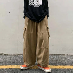 Threebooy Khaki Cargo Pants Men Elastic Waist Baggy Trousers Fashion Overalls Oversized Bottoms Summer Vintage Male Y2K Clothes Streetwear