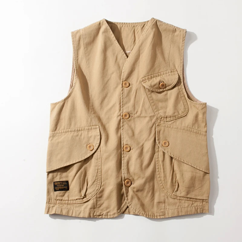 Threebooy  Janpanese Styles Men’s Workwear Vest Outdoor Lightweight Cargo Safari Fishing Vests Shooting Travel Cargo Vest with Pockets