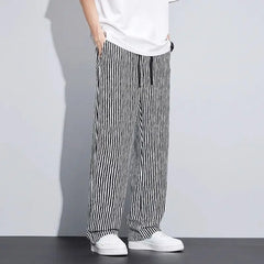 Threebooy Korean Version Streetwear Fashion Men Stripe Wide Leg Pants Summer Male Harajuku Loose Casual Elastic Waist Straight Trousers