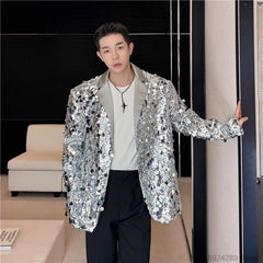 Threebooy Men's Sequins Blazer Glitters Bling Suit Jacket Singer Stage Shiny Clothing Black Silver Oversize Party Suit Coat Man