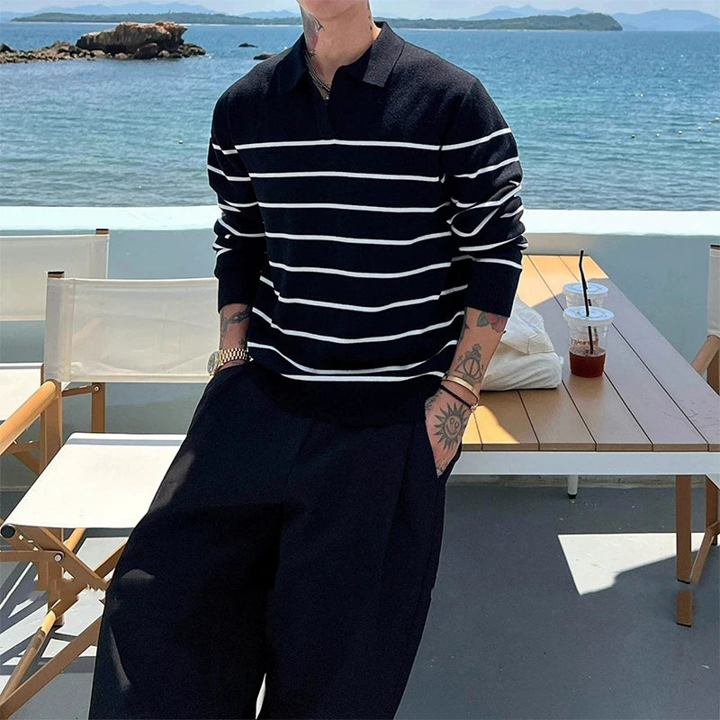 Threebooy American Chic Striped Men Polo Sweater Luxury Trendy Business V Neck Knit Solid Color Pullover Leisure Slim Long Sleeve Knitwear
