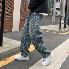 Threebooy High Quality Trendy New Leaves Jacquard Blue Baggy Jeans Men Loosen Fit Wide Leg Cargo Pants Male Street Bottoms