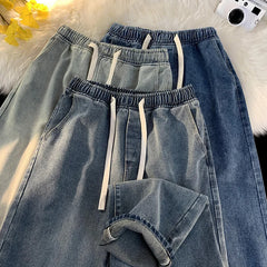 Threebooy  Autumn Jeans Men's Baggy Straight Drawstring Elastic Waist Personality Fashion Vintage Denim Trousers Streetwear 3XL