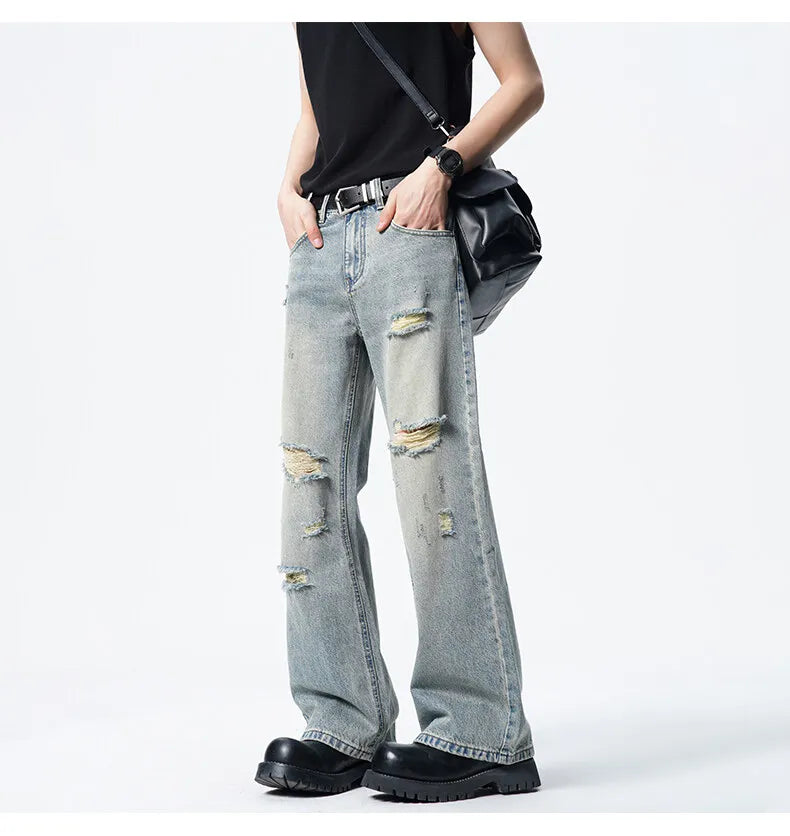 Threebooy Men Straight Leg Vintage Blue Washed Denim Jeans Casual Ripped Distressed Trousers Classic Retro Style Comfortable Streetwear