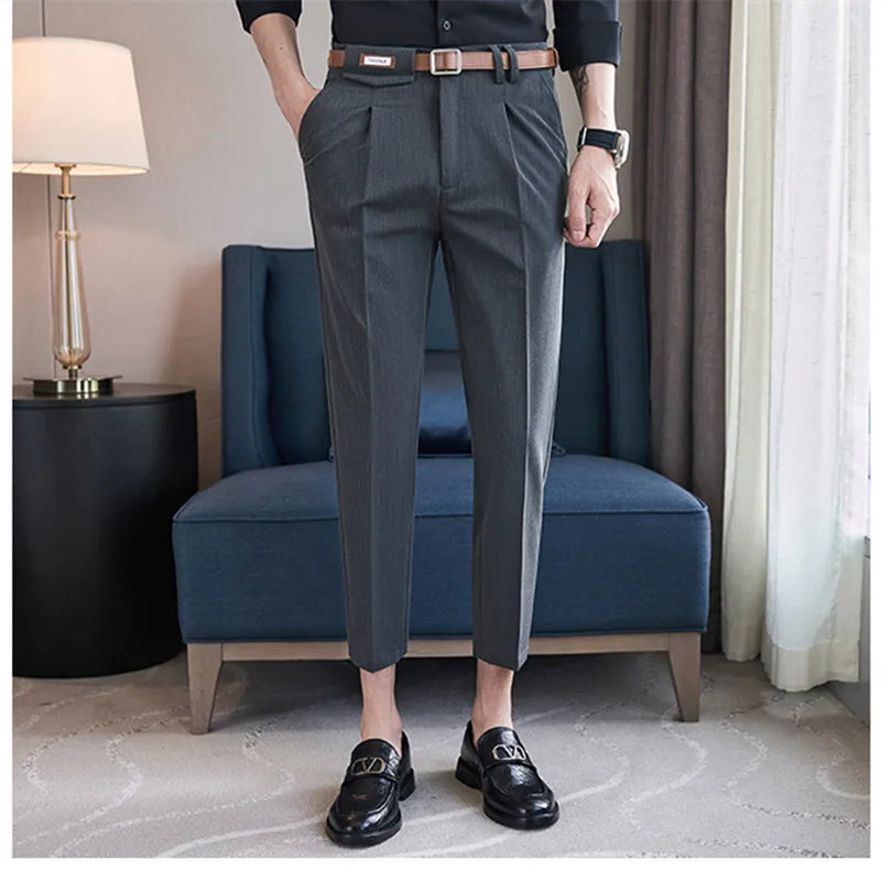 Threebooy  Summer Fashion Mens Pants Slim Fit Business Casual Long Trousers Office Men's Skinny Suit Pants Solid Color Trousers 28-36