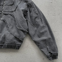 Threebooy  American Retro Washed Denim Jacket Men Women Full Zip Hooded Outerwear Baggy Hip Hop Patchwork Jacket Goth Aesthetic Streetwear