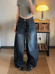 Threebooy New Spring and Autumn Street Men and Women Trendy Personalized Curved Knife Jeans Couple Loose Retro Wide Leg Casual Pants