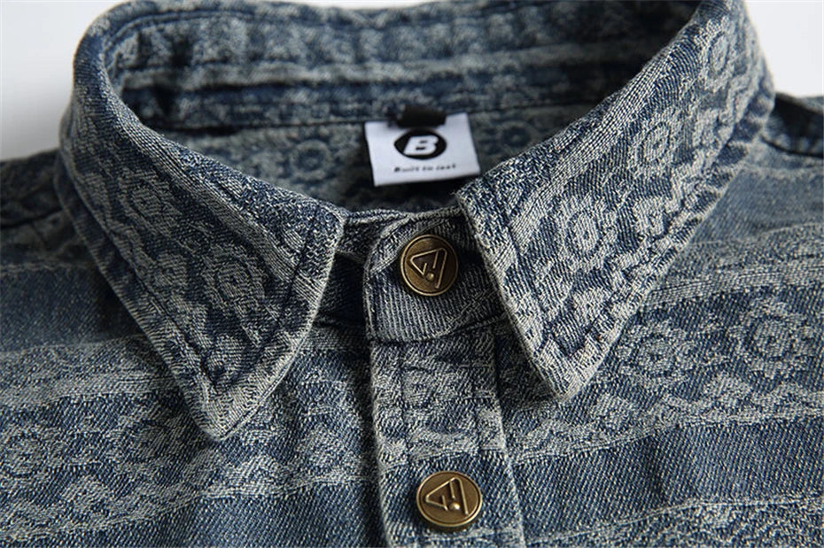 Threebooy Vintage Print Denim Shirts Mens National Style Long Sleeve Shirt for Men Harajuku Loose Casual Cotton Blouse Jeans Coats Male