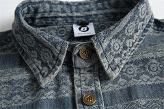 Threebooy Vintage Print Denim Shirts Mens National Style Long Sleeve Shirt for Men Harajuku Loose Casual Cotton Blouse Jeans Coats Male