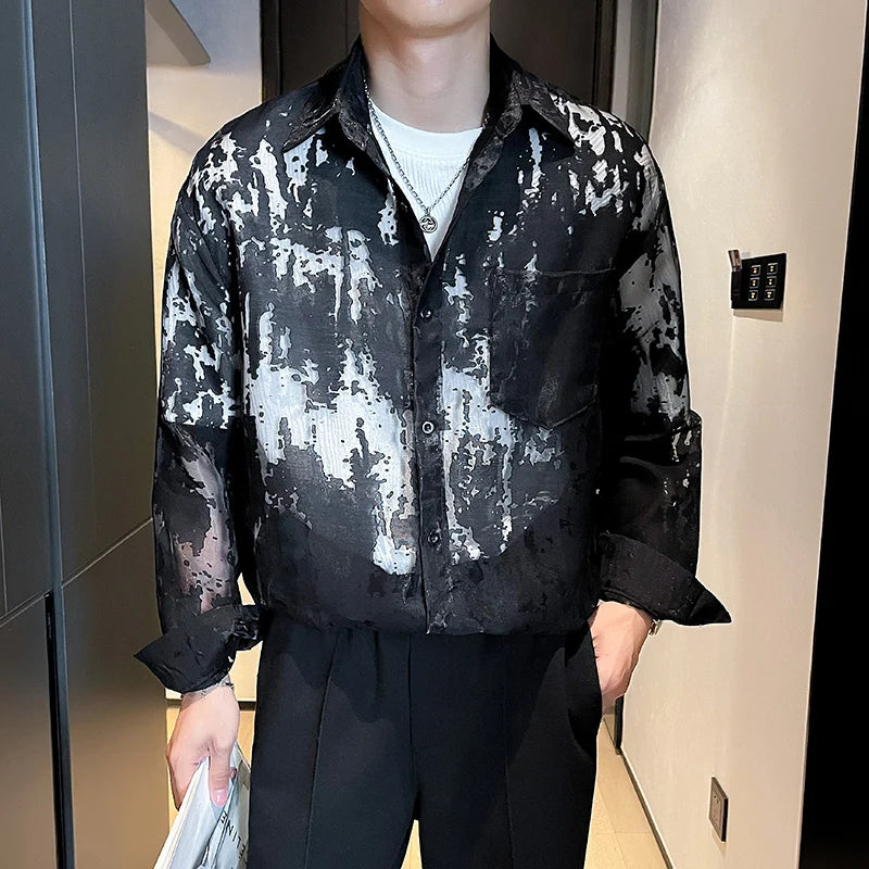 Threebooy Summer Fashion White Mesh Shirt  Men Transparent Printing Casual Loose Long Sleeve Tops Streetwear Lapel Party Clubwear Tops