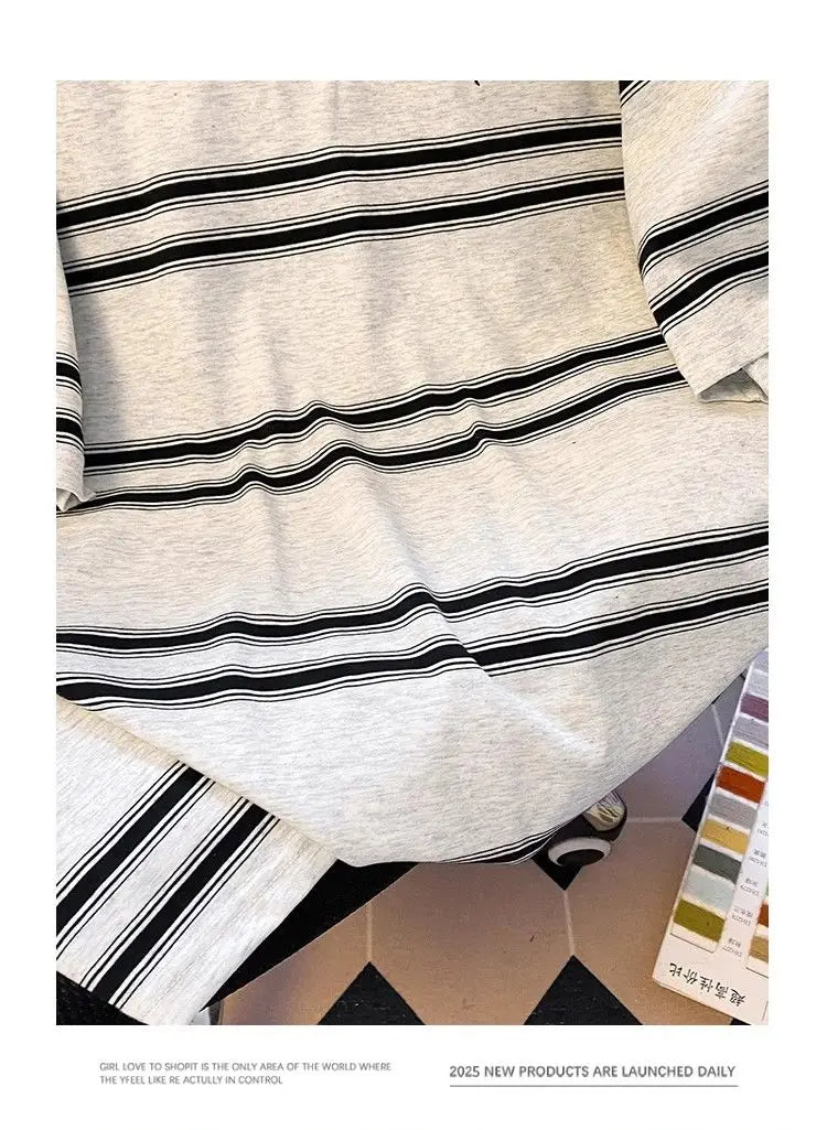 Threebooy High street hip-hop men and women trendy personalized striped polo short sleeved couple summer loose retro casual Harajuku top