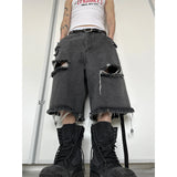 Threebooy Black Gray Washed and Destroyed Tassel High-End Jeans Loose Street Trendy Handmade Ripped Hip Hop Shorts Summer plus Size Pants