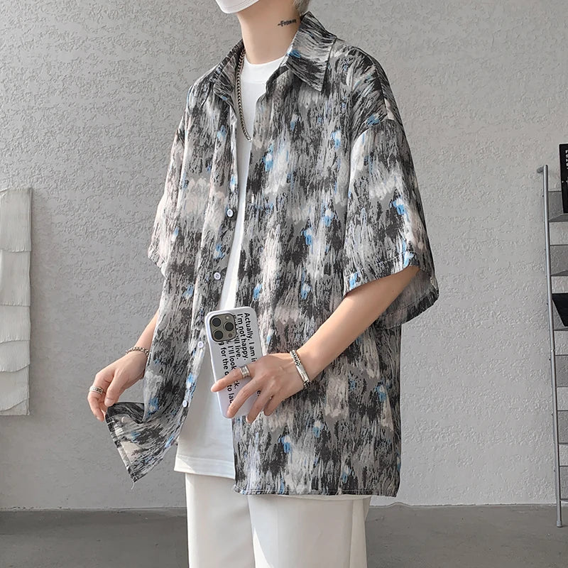 Threebooy Men Ice Silk Smooth Shirt Spring Summer Thin Luxury Loose Korean Casual Shirt Beach Trendy Floral Draping Shirts Plus Size 5XL-M