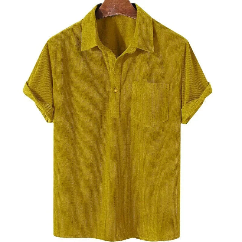 Threebooy  New 2025 Men's Summer Corduroy Short Sleeve Shirt Fashion Casual Streetwear Solid Lapel Loose Pullover Retro Simple Tops for Men