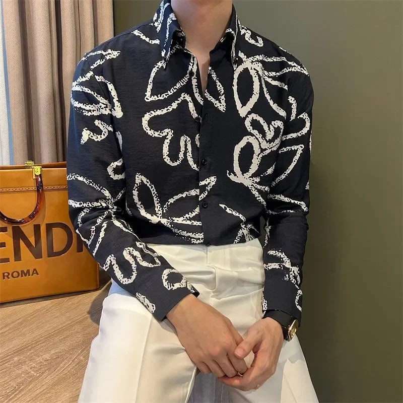Threebooy  Trendy and Versatile Long-sleeved Printed Thin Shirt New Casual Fashion Men's