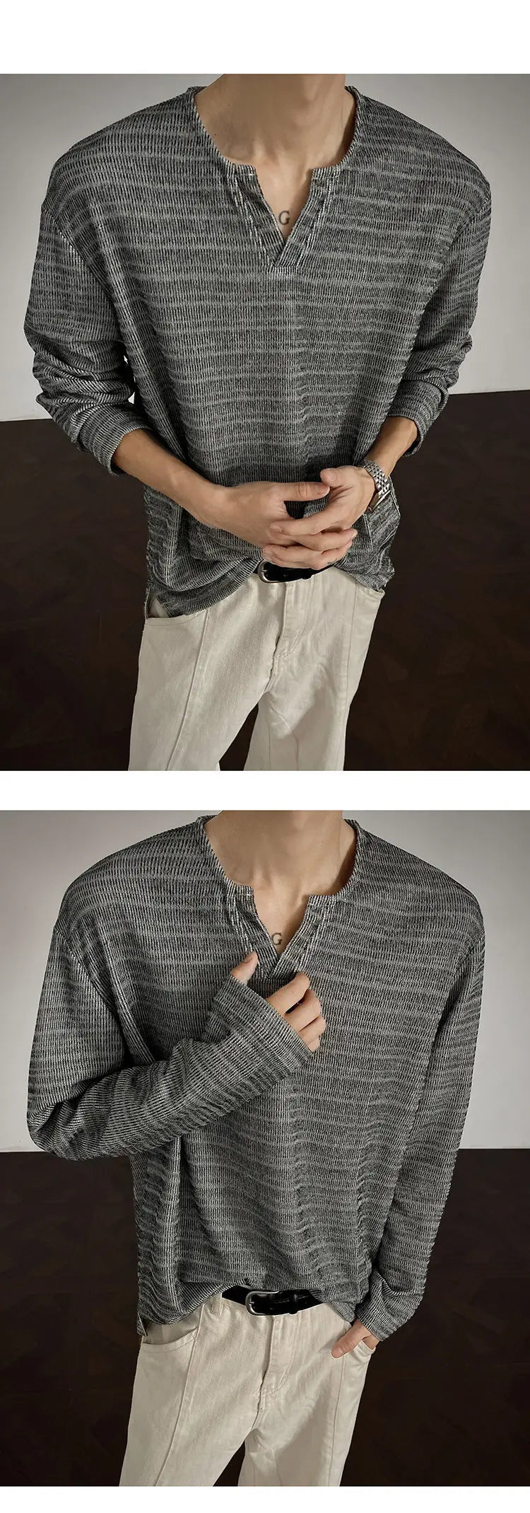 Threebooy 2025 New Fall Mens Long Sleeve Tshirt Soft Comfortable Casual Knitted Shirt V Neck Top Fashion Mens Clothing Teen Boys Clothing