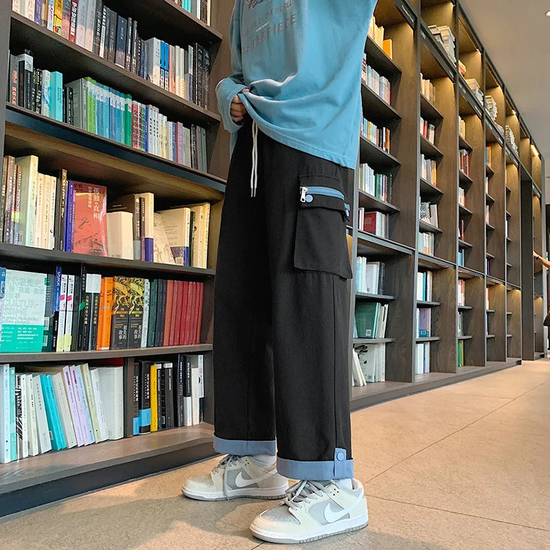 Threebooy Spring new cotton wide-leg men's pants with large pockets casual hip-hop overalls straight-leg pants for men   men pants mens