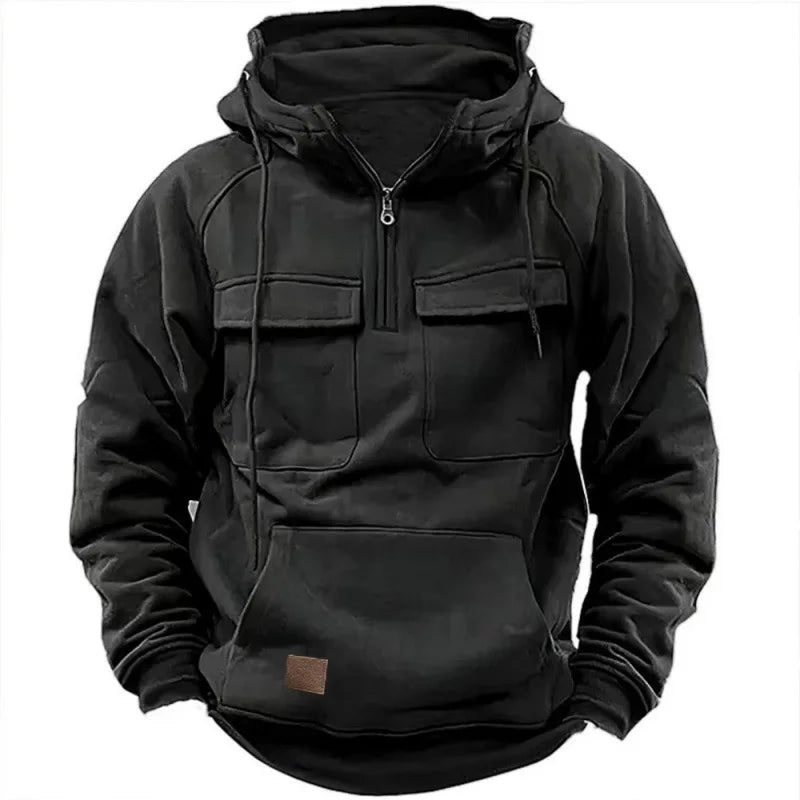 Threebooy Spring Autumn New Men's Hooded Solid Color Sweatshirt Multi Pocket Leather Patch Sports Coat