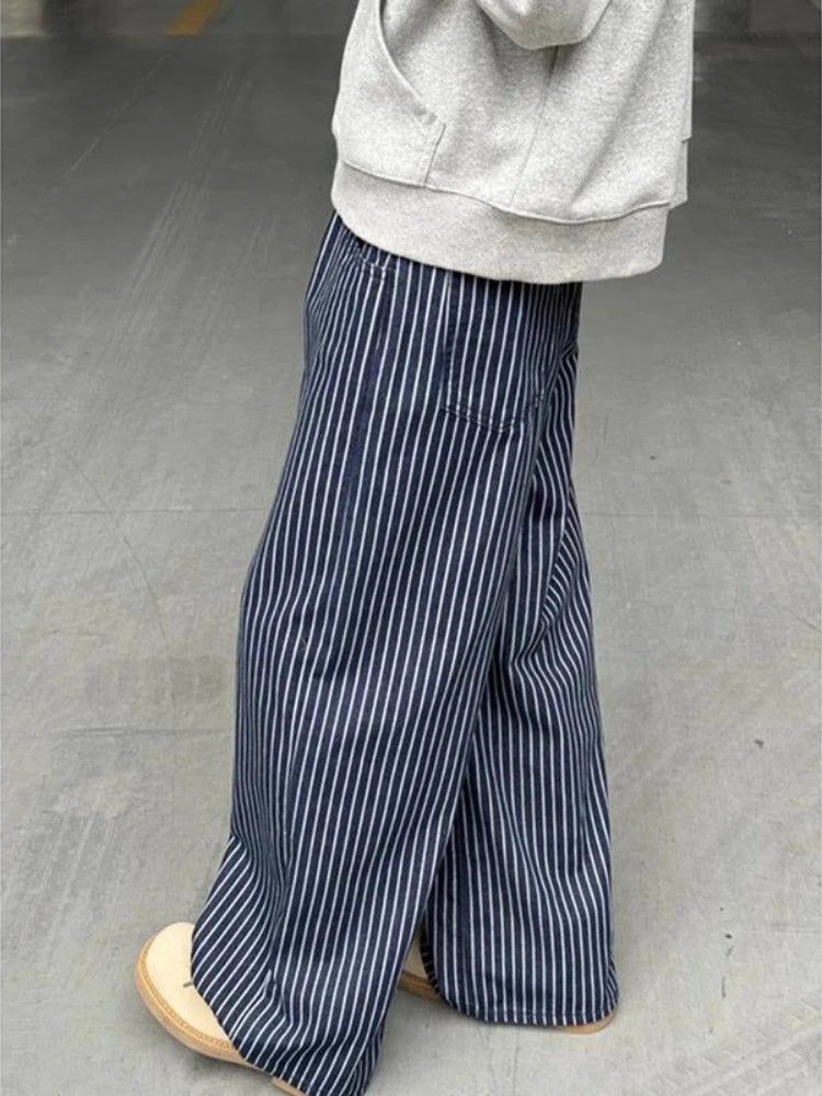 Threebooy  Vintage Blue Striped Jeans Women Y2k Hip Hop Grunge Straight Denim Trousers Punk High Waist Streetwear Wide Leg Jeans