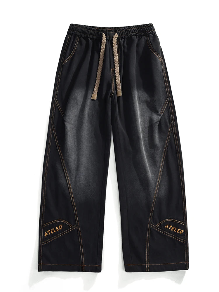 Threebooy Men's Retro Baggy Jeans Korean Fashion Elastic Waist Drawstring Wide-Leg Denim Pants Street Loose Fit Y2K Straight Jeans