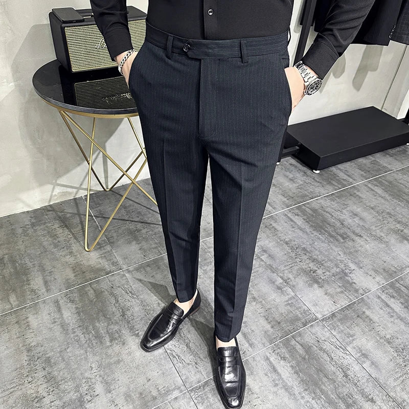 Threebooy Korean style Fashion Striped Suit Pants for Men Formal Business Dress Pants Korean Slim Fit Classic Casual Trousers 36 38