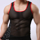 Threebooy Summer Mens Undershirts Sleeveless Striped Shirts Solid Color Vest Male Mesh Sexy Transparent Tees Bottoming Shirt Men Sexy Wear