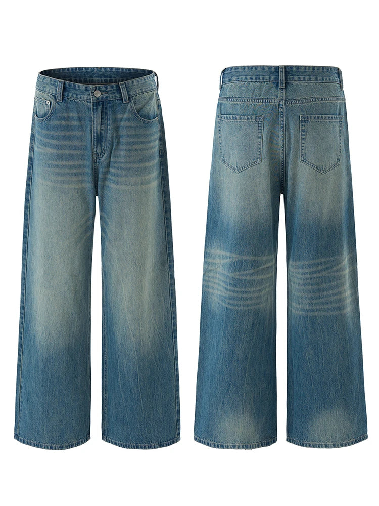 Threebooy American Retro Jeans Men's Oversize Baggy Wide Legs Classic Wash Cotton Denim Pants Hip-hop Rock Streetwear Loose Trousers