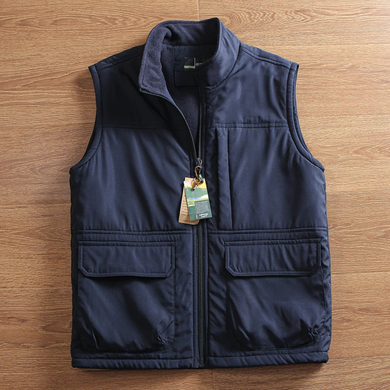 Threebooy Functional Workwear Vest Men Winter Outdoor Windproof Water-proof Plus Velvet Thickened Warm Standing Collar Fleece Waistcoat
