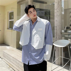 Threebooy Spring and Autumn New Men's Patchwork Fashion Casual Long-Sleeve Striped Blouse Tops Loose High Quality Design Shirts T60