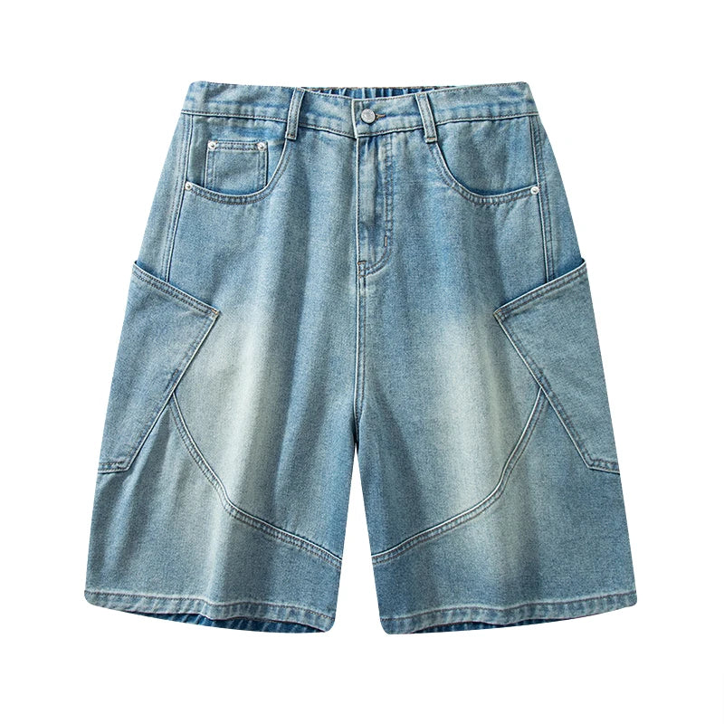 Threebooy  Summer New Baggy Denim Shorts Fashion Casual Straight Harajuku Jeans Male Vintage Wash Drawstring Short Pants Streetwear