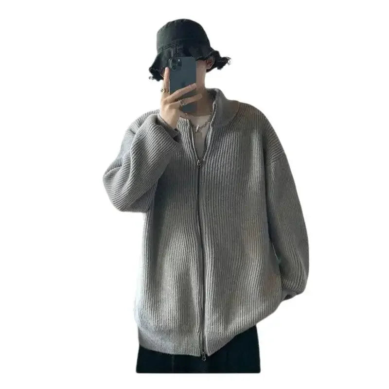 Threebooy Autumn New Loose-fit Knitted Cardigan Sweater For Men Women Fashionable Versatile Top Outer Wear Zip-up Grey Jacket