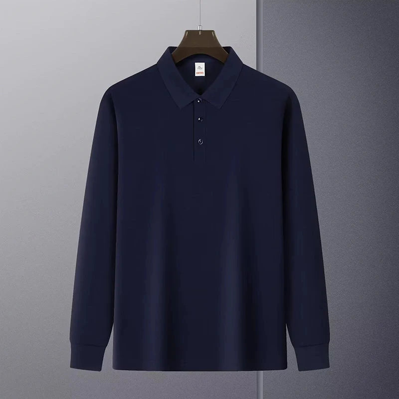 Threebooy  New American Retro Men Polo Shirt Light Luxury Solid Color Slim-fit Commuting Long Sleeve T-shirt Leisure Business Pullover Tops