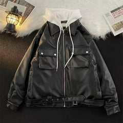 Threebooy Oversized Men's Leather Jackets VIntage Hooded Jackets Faux Leather Coat Korean Style Big Pockets Windbreaker PU Biker overcoat