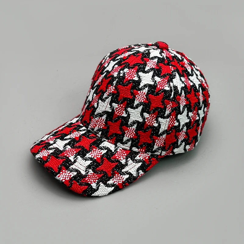 Threebooy  Versatile Color Block Star Baseball Caps Autumn and Winter New Men WomenCotton Fashion Casual British Style Check Warm Colorful