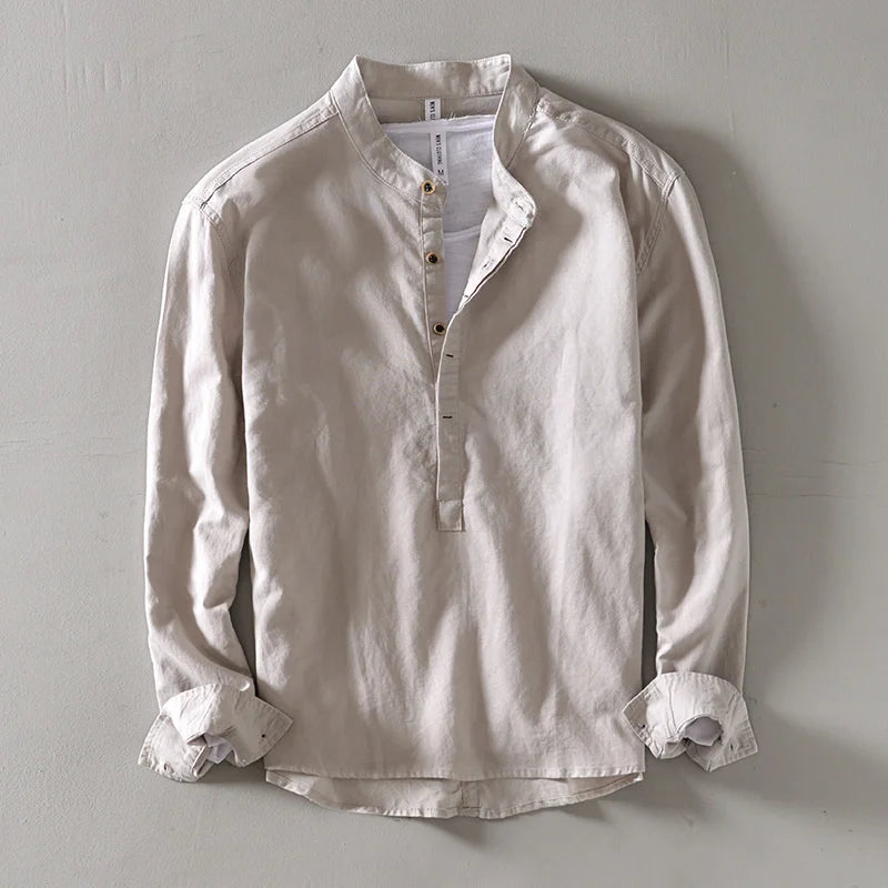 Threebooy  Solid Color Men's Long Sleeve Shirt Japanese Styles Standing Collar Loose Fitting Classic Pullover Half-cardigans Shirt Tops