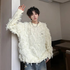 Threebooy Streetwear Sweater Men Stylish New Retro Hole Fringed Sweater Loose Versatile Knitwear Pullovers Long Sleeve Jumpers Clothing