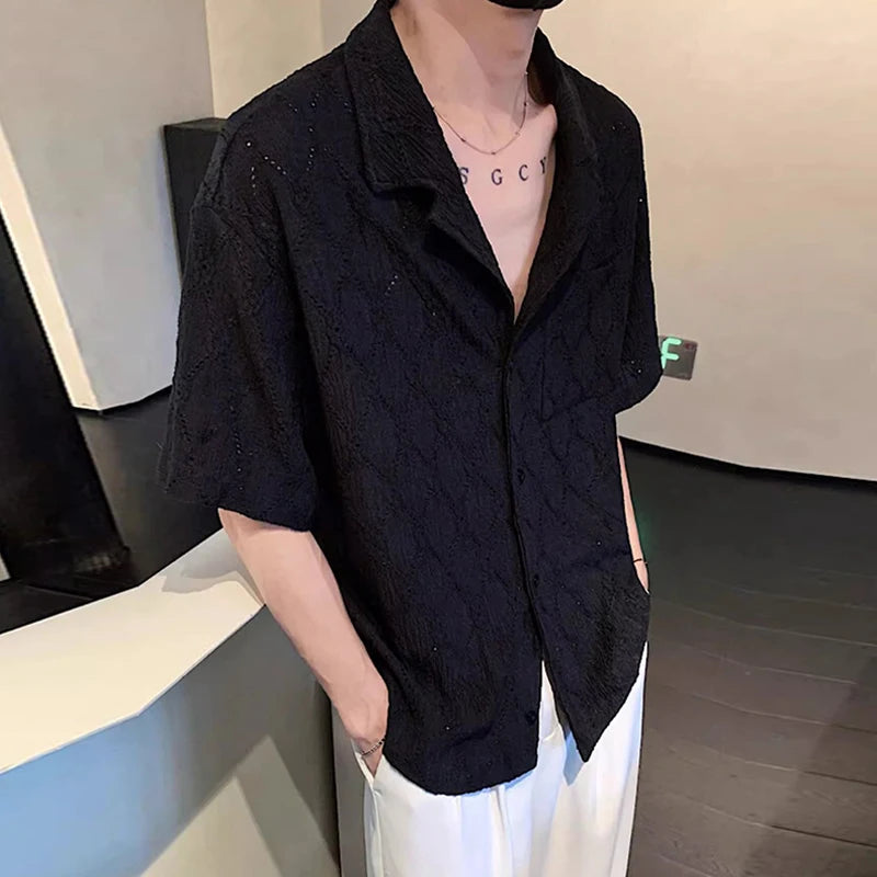 Threebooy  Summer Men's Clothing Light Luxury Jacquarded Suit Collar Shirts Streetwear Button-down Short Sleeve Retro Leisure Fashion M-3XL