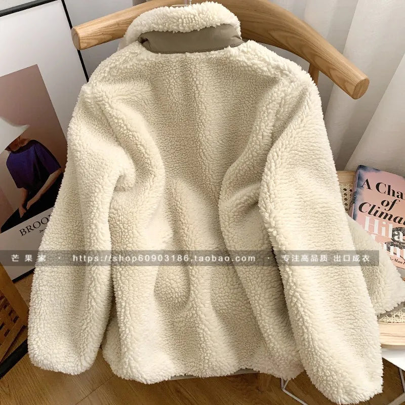 Threebooy Autumn Winter Lambswool Coat Male Loose Windproof Warm Sherpa Stand Collar Polar Fleece Jacket Unisex Simple  Pocket Spliced Top