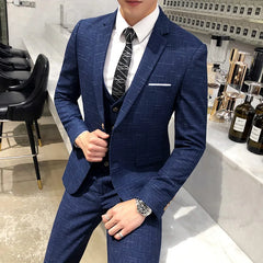 Threebooy (Jacket+Pants+Vest) Men Plaid Suits with Male Business Blazer Slim Fit Wedding Male Groom Tuxedos Suit Prom Costume Homme